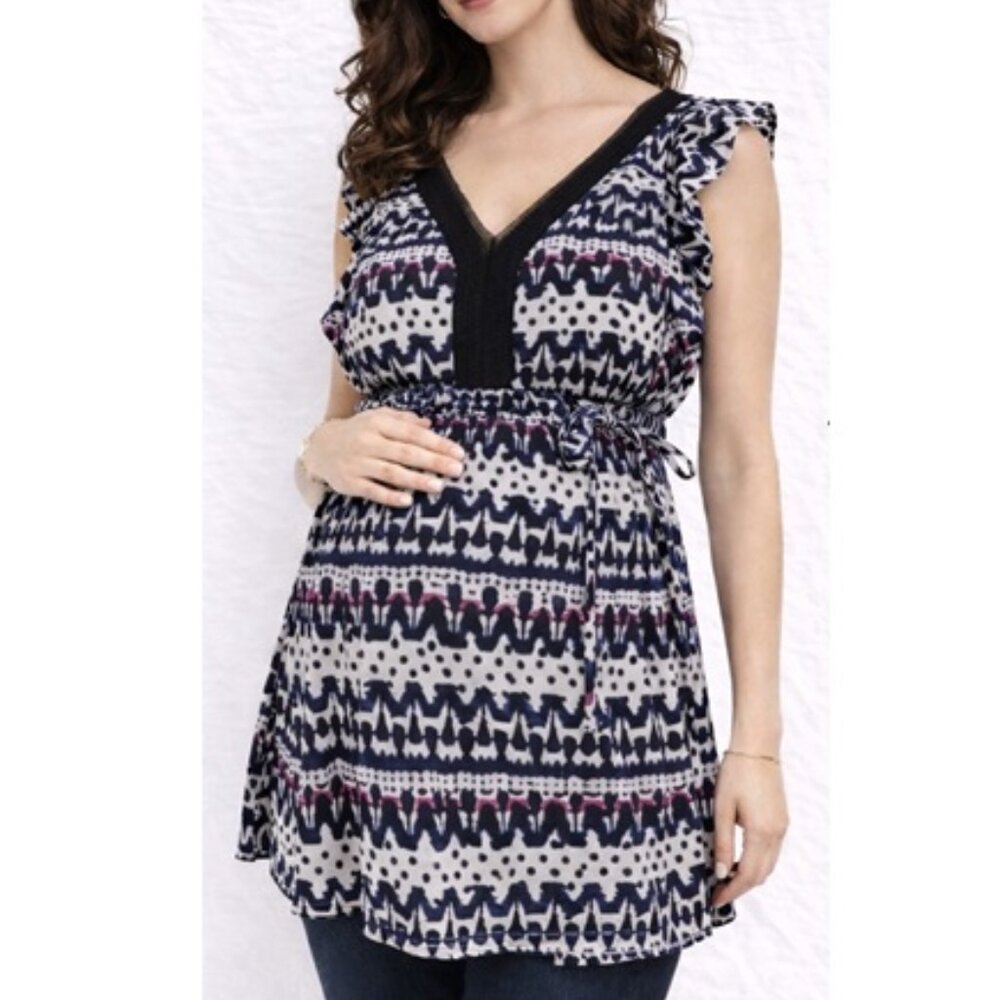 A PEA IN THE POD MULTICOLOR GEO MATERNITY RUFFLE AT SLEVEES BLOUSE TOP SIZE: S